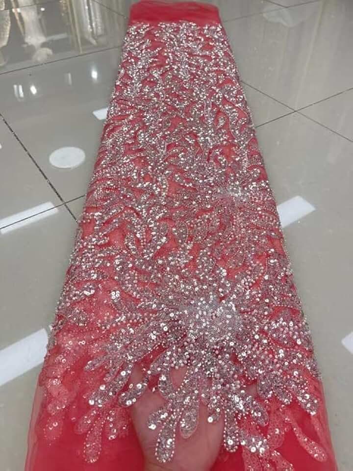 MARHAFABRIC 5 Yards African Heavy Handmade Beaded Lace Tulle Fabric Swiss Luxury Sequin Fabric Nigeria for Wedding Prom Dress Sewing Lace Fabric for Bridal Wedding Prom Evening Dress