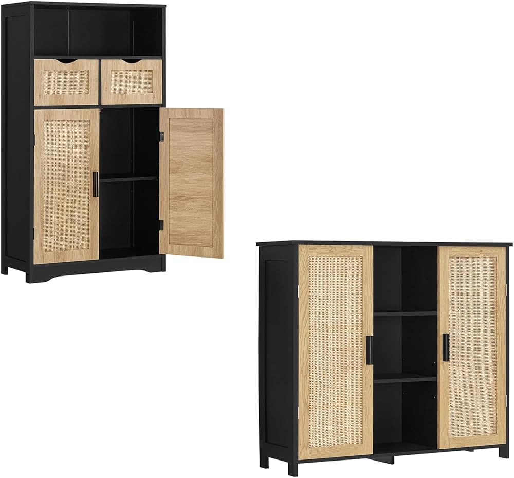 Iwell Large Storage Cabinet, Bathroom Cabinet with 2 Rattan Drawers & 2 Rattan Doors, Accent Cabinet for Living Room, Entryway, Black+Natural