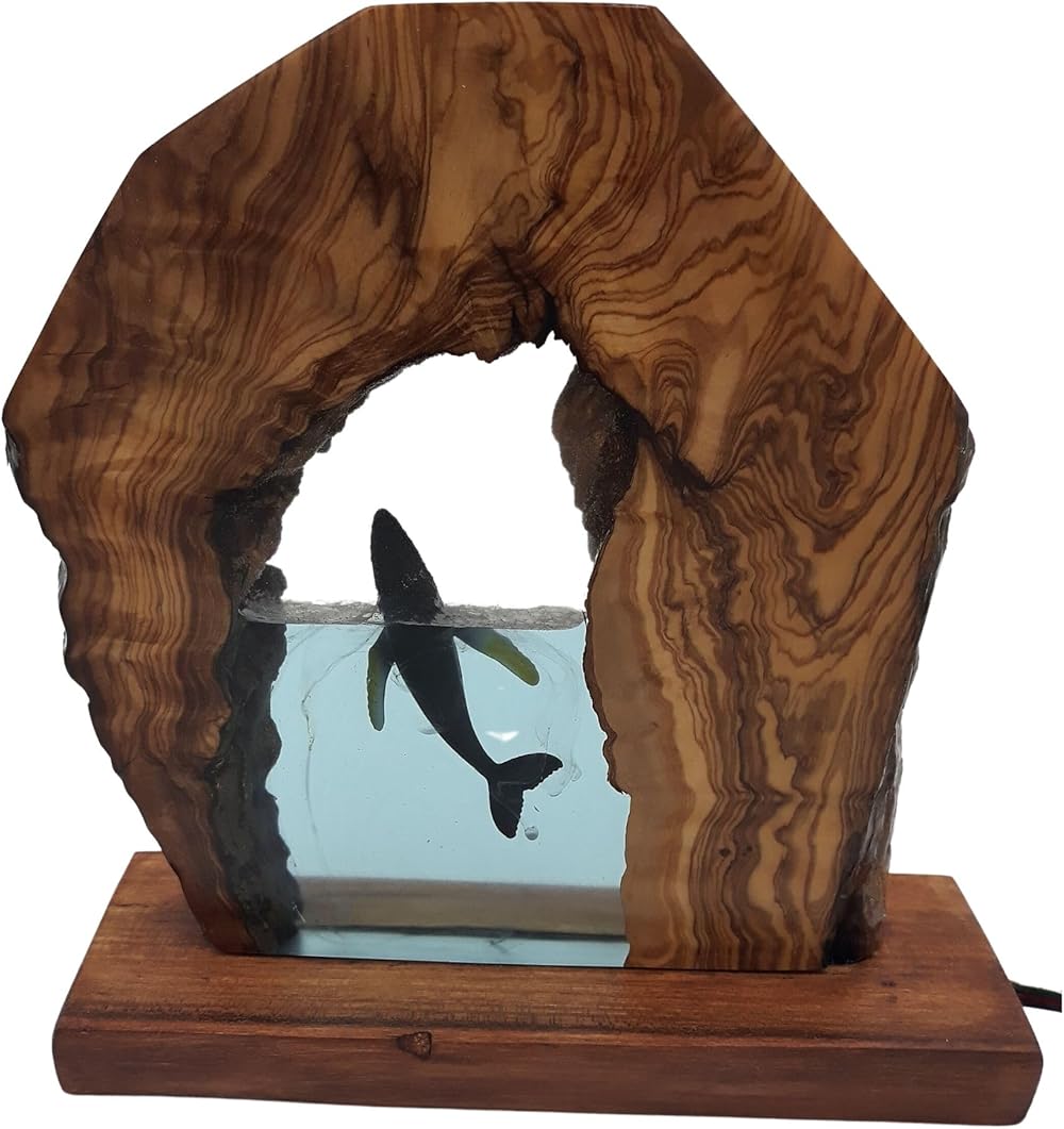 Whale resin wood night light, Decorations Marine Art Night Light Desk Lamp, Ocean Theme Diorama, Custom Night Light Humpback Whale Epoxy Resin (7x10 inch)
