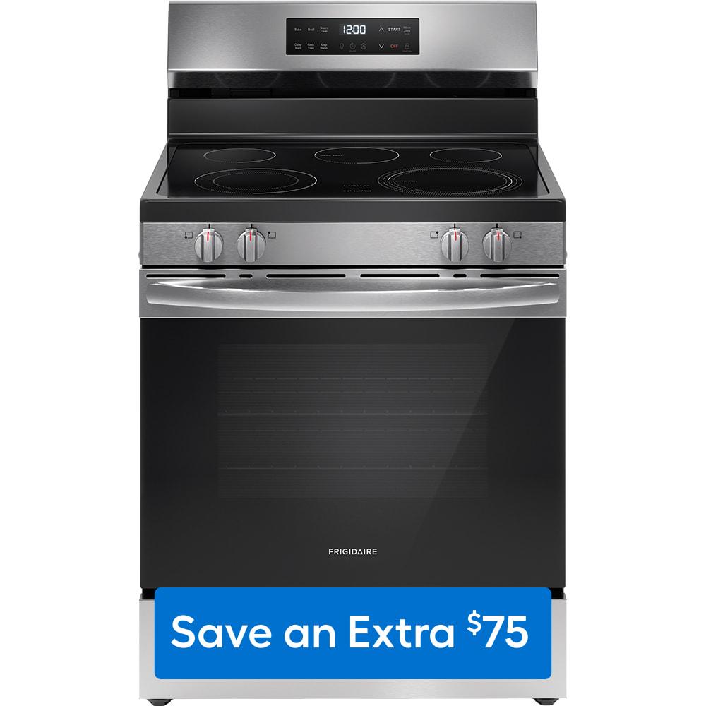 Frigidaire 30-in Glass Top 5 Burners 5.3-cu ft Steam Cleaning Freestanding Electric Range (Easycare Stainless Steel)