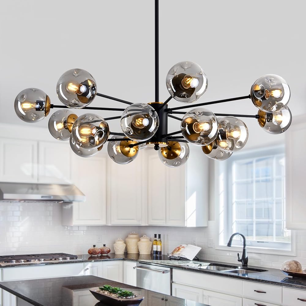 SZXYKEJI 16 Light Glass Globe Chandelier Mid Century Sputnik Pendant Light Fixture Black and Gold Ceiling Light for Living Room Kitchen Dining Room Bedroom Farmhouse.