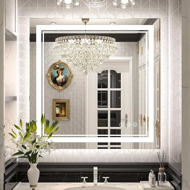 Bathroom LED Mirror 30 x 30 Inch Frontlit and Backlit, Stepless 3 Colors Temperature & Dimmable Square Wall Mirror, UL Listed LED Driver, Double LED Strips, Anti-fog Tempered Glass LED Mirror