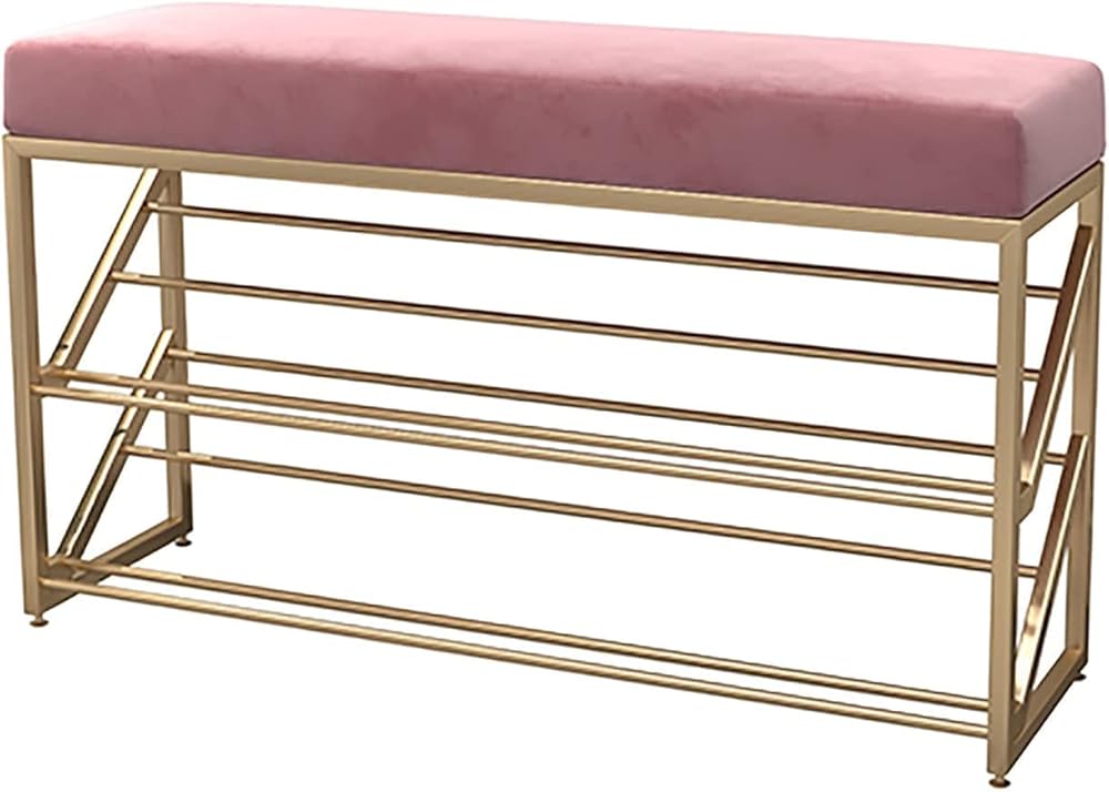 Shoe Storage Bench Entryway Hallway Furniture, 2-Tier Shoe Bench with Storage Mesh Shelves Shoe Rack with Seat for Entryway, Living Room, Hallway, Firm Load-Bearing(Pink,60 * 25 * 48 cm)