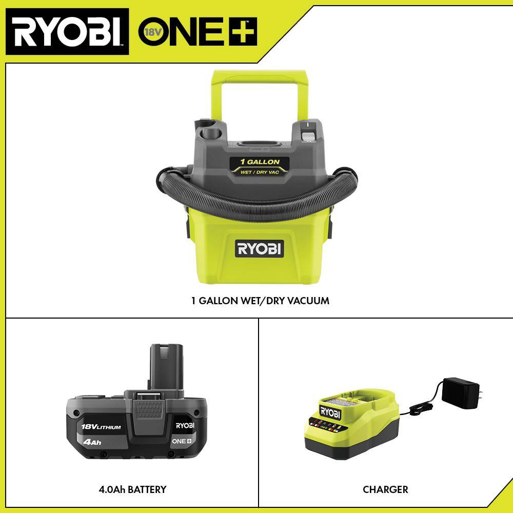 RYOBI PCL733K ONE+ 18V Cordless 1 Gal. Wet/Dry Vacuum Kit with 4.0Ah Battery and Charger
