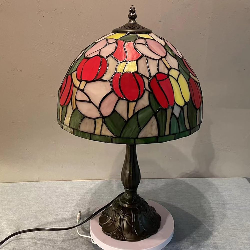 Tiffany Table Lamp for Living Room Tulip Flower Stained GlassTable Lamps for Bedroom 12X12X19Inch Bedside Nighstand Lamp