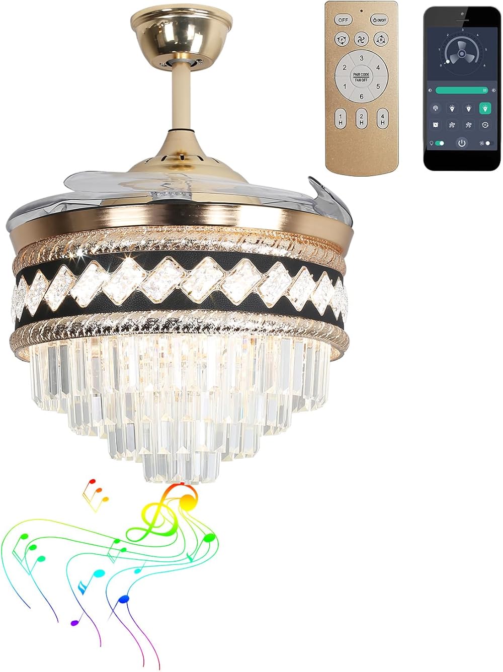 42inch Retractable Blade Crystal Gold Ceiling Fan with Light and Bluetooth Speaker, Fandelier Smart Modern Ceiling Fan with 7-Color for Living Room/Dining Room/Foyer/Hotel