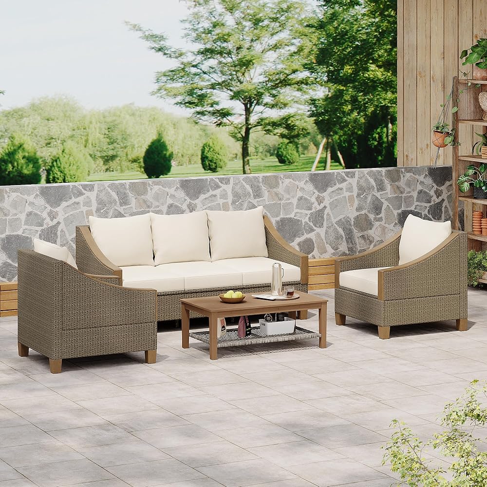 TREXM 4-Piece Rattan Outdoor Conversation Sofa Set with Wooden Coffee Table and Cushions Seating 5 People for Patio, Garden and Backyard (Brown Grey)