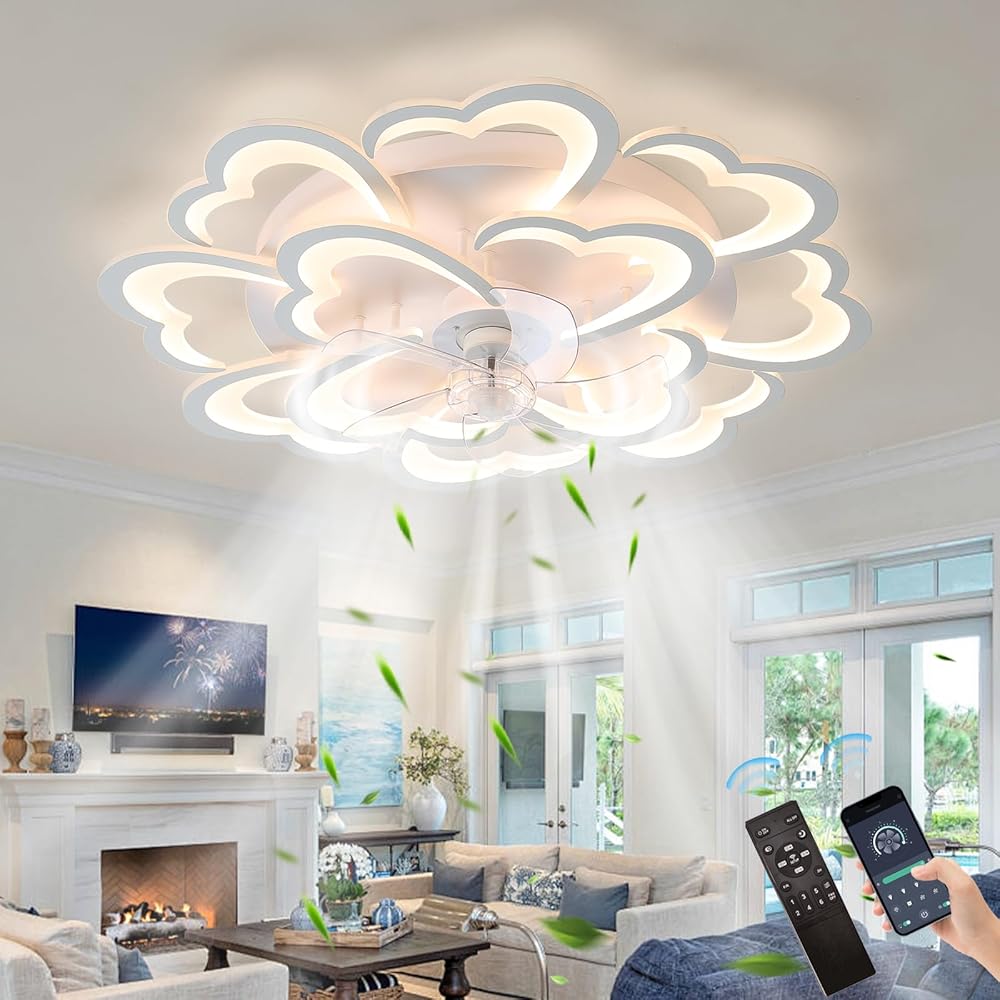 Ceiling Fan with Light and Remote - Modern Flower Shape, 35-inch Design, Dimmable Light, Low Profile Flush Mount, 6-Speed Reversible Blade, Timer - Ideal for Bedroom,and Dining Room (White-) (White)