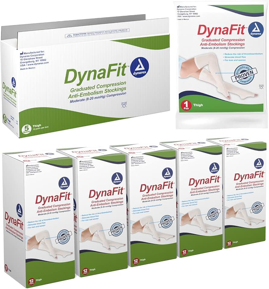 Dynarex DynaFit Compression Stockings Thigh High, 8–20 mmHg, Help Prevent Blood Clots, Relieve Pain & Varicose Veins, White, 1 Case of 60 DynaFit Compression Stockings