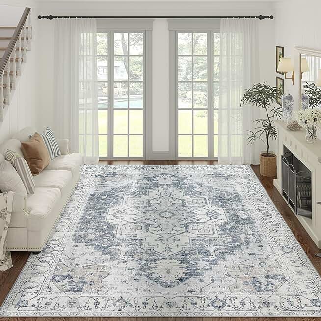 jinchan Area Rug 10x12 Washable Rug Indoor Vintage Rug Floor Cover Print Distressed Carpet Multi Thin Rug Chenille Grey Accent Rug Lightweight Non Slip Kitchen Living Room Bedroom Dining Room