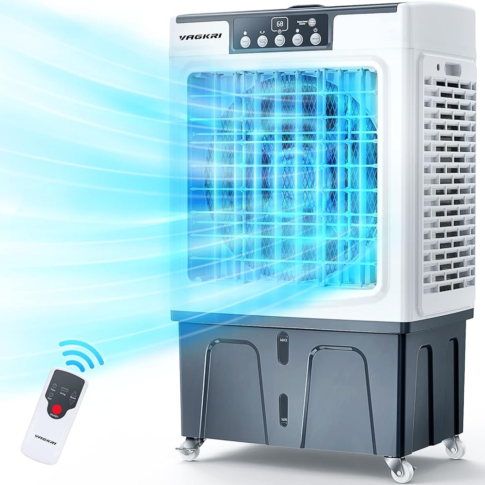 Evaporative Cooler, VAGKRI 3000CFM Evaporative Air Cooler, 120°Oscillation Swamp Cooler with Remote Control, 24H Timer, 3 Wind Speeds for Outdoor Indoor Use,12 Gallon