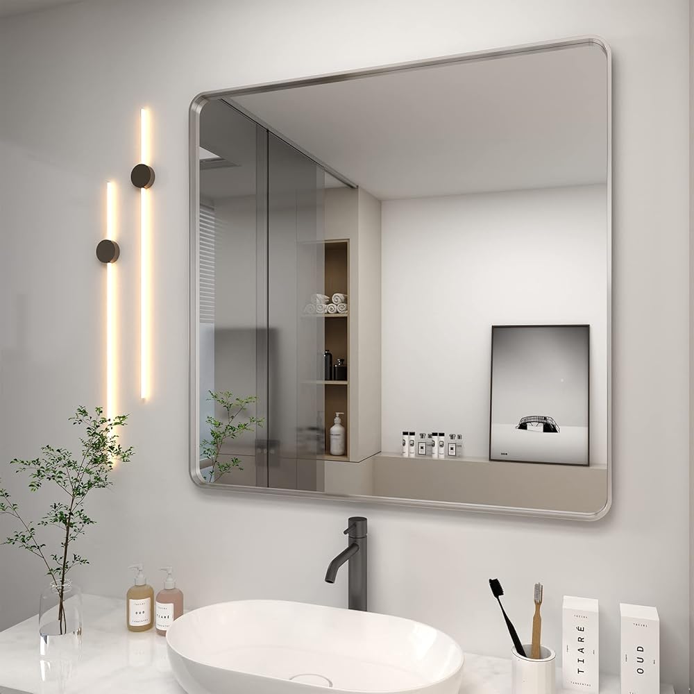 36x36 Silver Square Bathroom Mirror for Wall, Brushed Metal Framed Bathroom Vanity Mirror, Rounded Rectangle Silver Mirror, Shatterproof, Anti-rust (Horizontal/Vertical)