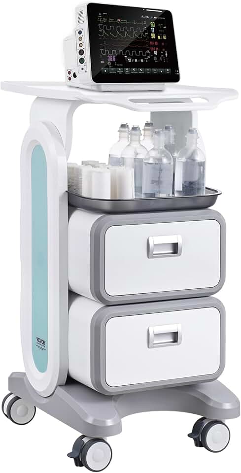 VEVOR Medical Trolley Cart with 2 Drawers, Rolling Lab Cart Hospital Ultrasound Cart with Wheels and Trays, Mobile Utility Cart for Dental Clicnic, Lab, Beauty Salon Storage Cart for Estheticians