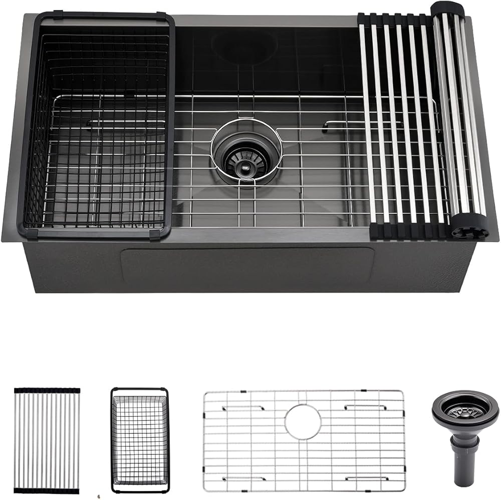 30 Black Stainless Steel Kitchen Bar Sink, Luckyhorse 30” x 17” x 9” 18 Gauge Stainless Steel Undermount Nano Black Kitchen Sink Outdoor Sink LH025SX