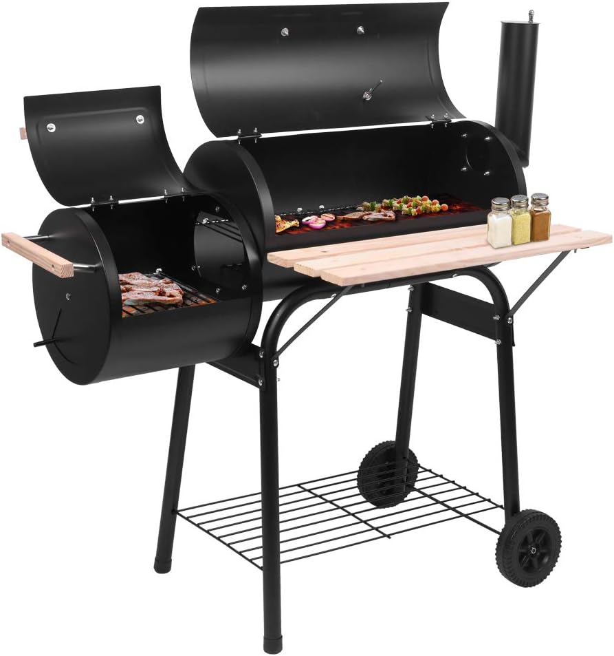 Barrel Charcoal Grill with Offset Smoker, Outdoor Camping Barbecue Grill with Side Fire Box & Thermometer for BBQ Patio Backyard Picnic Cooking, Black