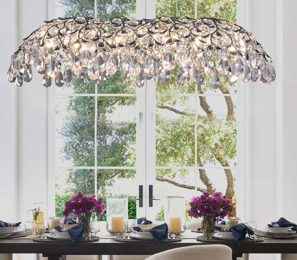 Modern Crystal Chandelier, 51'' Silver Chandeliers Tree Branch Chandelier Large Rectangular Kitchen Island Hanging Light Fixture for Dining Room, High Ceiling, Foyer