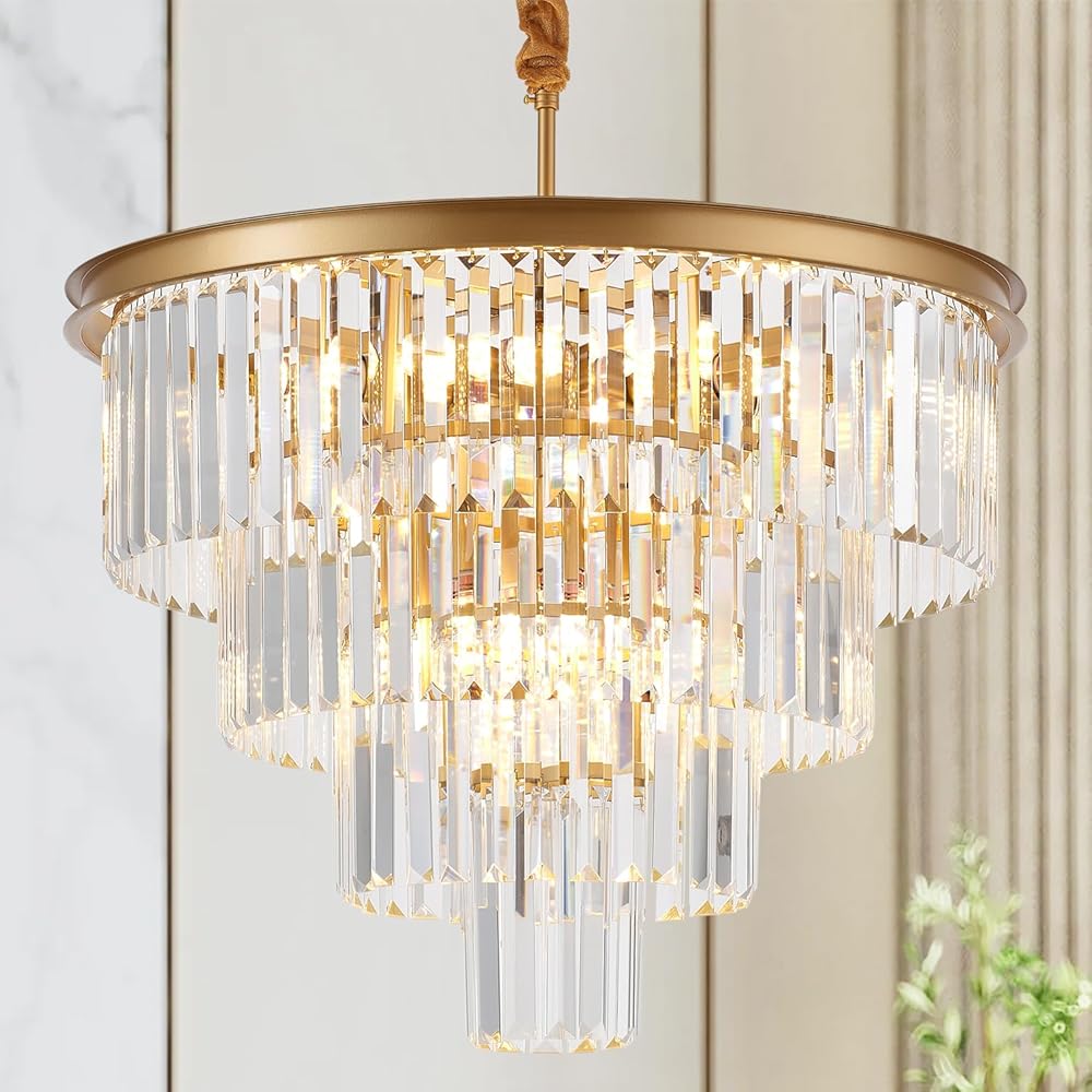 4-Tiers Gold Crystal Chandelier Modern 12-Light 23.6