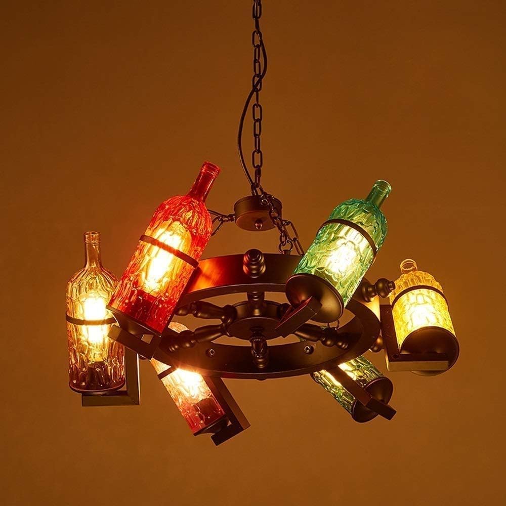 -Lamp Chandeliers Light Lamp Loft Industrial Style Theme Bar Chandelier E27 6 Light Vintage Wooden Wheel Stained Glass Bottle Chandelier Creative Restaurant Bar Cafe Wine Bottle Chandelier Han
