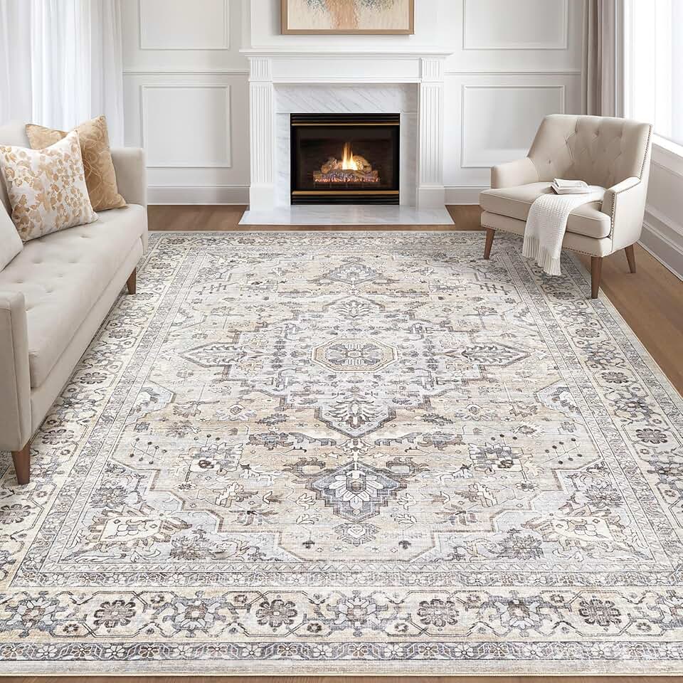 10x14 Area Rugs Living Room Rug: Large Soft Machine Washable Boho Vintage Stain Resistant Floral Bedroom Rug Neutral Farmhouse Low Pile Distressed Carpet for Dorm Nursery Dining Room Home- Ivory Grey