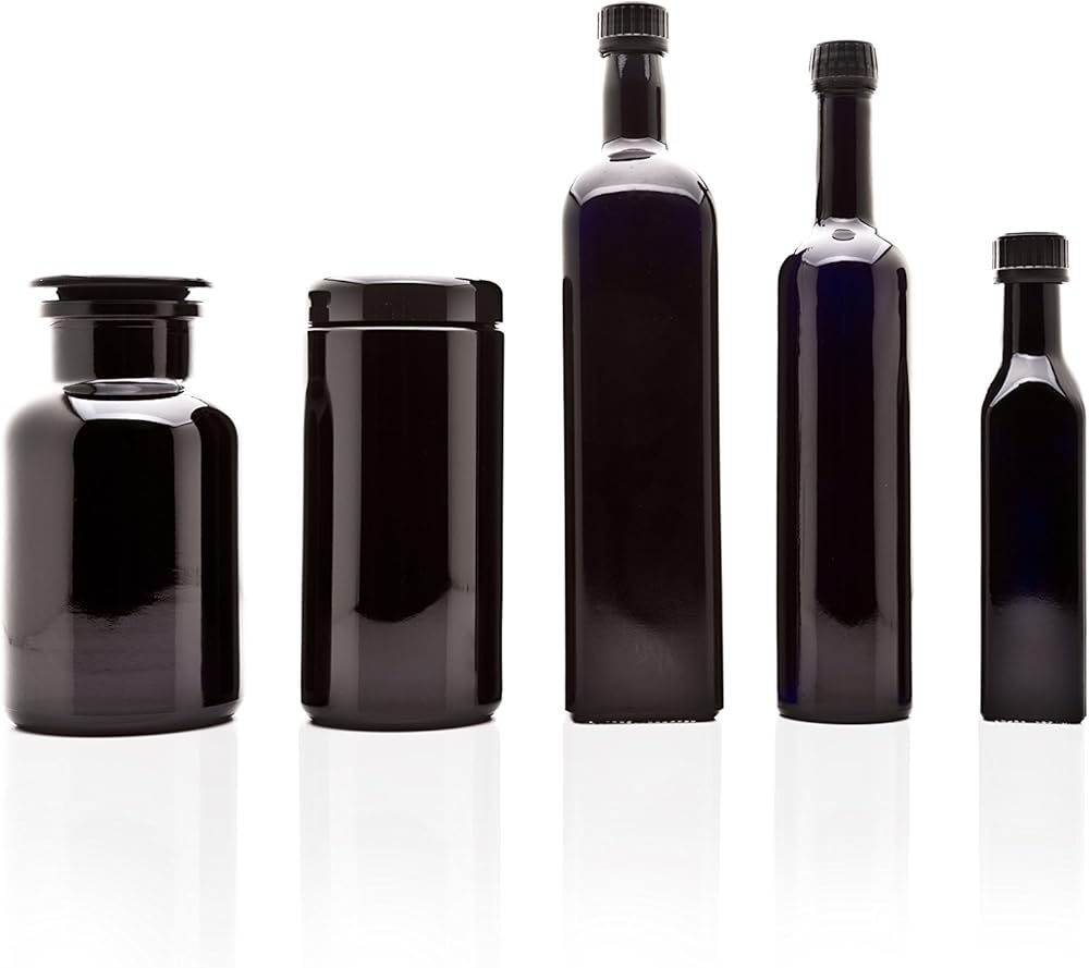 Infinity Jars Kitchen Glass Jar Variety Set: 250 ml Oil Bottle, 1 L Oil Bottle, 500 ml Long Neck Bottle, 1 L Screw Top Jar and 1 L Apothecary Jar