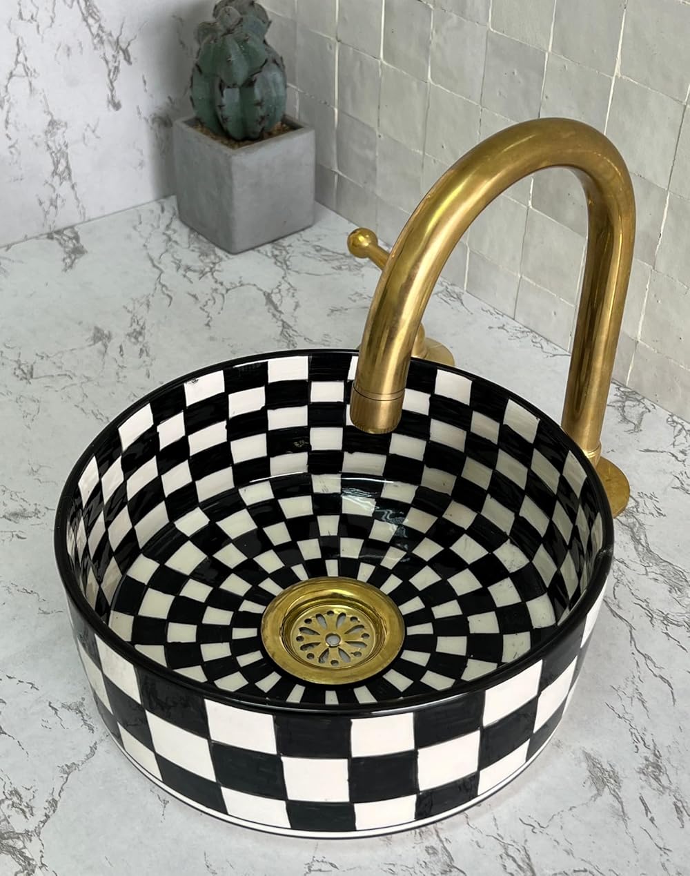 Handmade Countertop Ceramic Wash basin, Checkered Sink Bowl, Hand Painted Above Counter Vessel Sink, Farmhouse Bathroom Ceramic Basin with two gifts (14