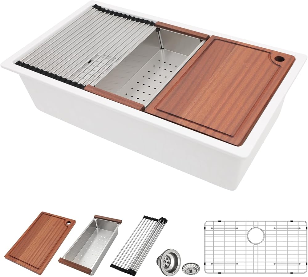 33 Granite Composite Kitchen Sink - Donsdey 33 Inch Kitchen Sink Granite Composite Ledge Workstation Undermount White Quartz Classic Under Counter Single Bowl Sink Basin