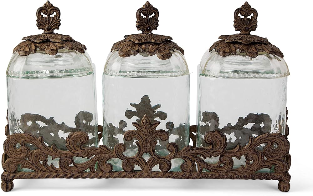 GG Collection 3-Piece Glass Canister Set With Acanthus Leaf Metal Base
