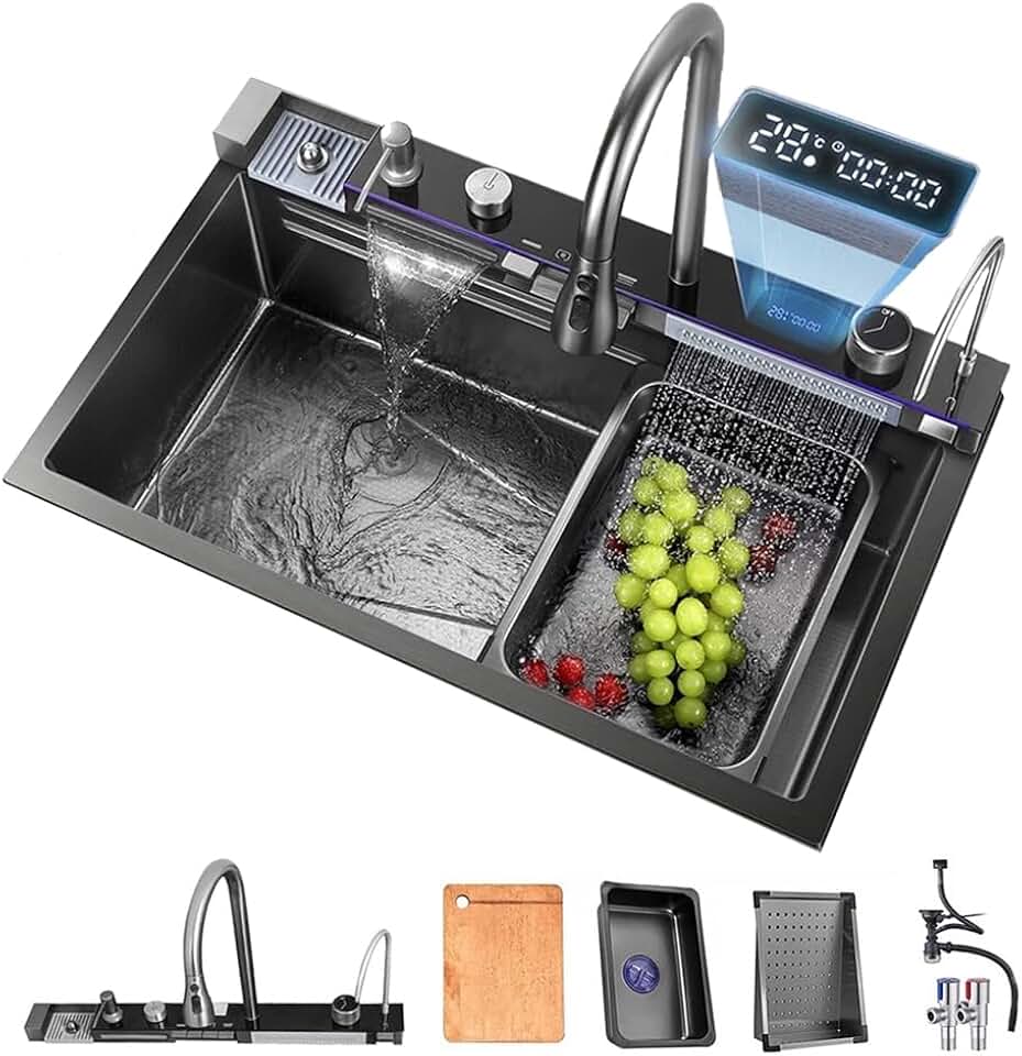 Black Waterfall Digital Display Kitchen Sink, Single Bowl Sink with Two Waterfalls & Cup Washer, Drop In/Topmount Stainless Steel Workstation Kitchen Sink with Accessories (31.5 x 17.7in)
