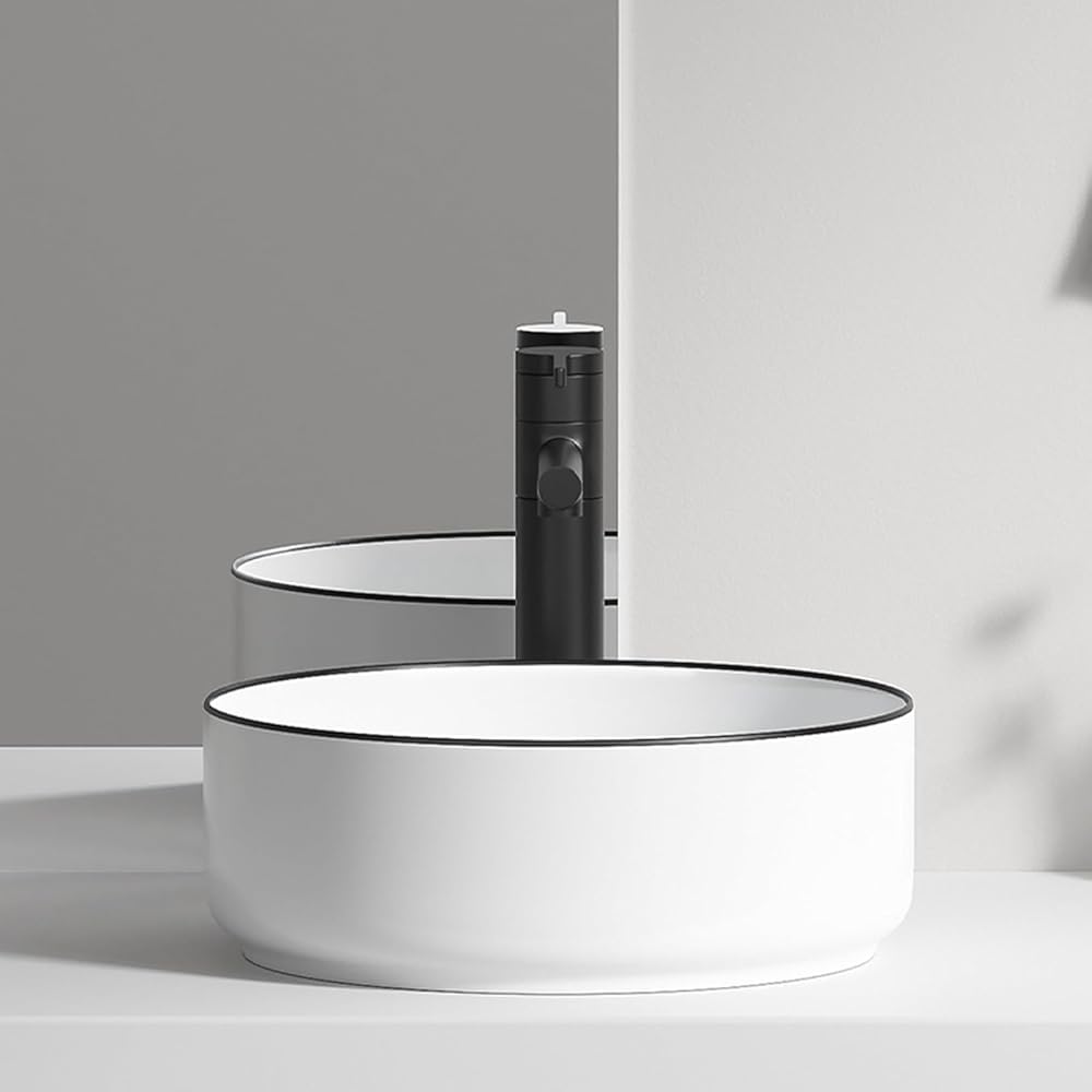 Bathroom Sink ，Basin White Porcelain Ceramic Lavatory ， Basin Vanity White Ceramic Above Counter Countertop Sink ，Suitable for hotels, toilets, wash basins, bathrooms(Black edge,300X300/11.8*11.8in)