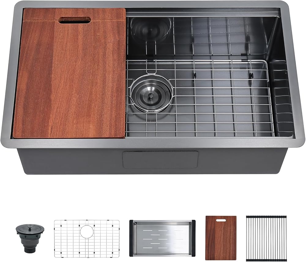 Davivy 30 x 18 x 10 Inch Black Undermount Kitchen Sink,16 Gauge Gunmetal Black Stainless Steel Kitchen Sink,Undermount Workstation Kitchen Sink,30 inch Black Kitchen Sink Single Bowl