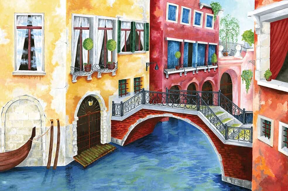 12-Feet Wide by 8-Feet high. Prepasted Robust Wallpaper Mural from a Photo of Venice Italy an Original Painting by Ruth Baker. Our murals are Easy to Install Remove and Reuse. See Our Video.