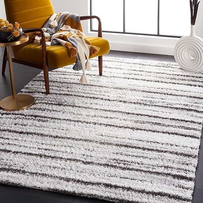 Safavieh Berber Shag Collection Area Rug - 8' x 10', Grey & Dark Grey, Stripe Design, Non-Shedding & Easy Care, 1.25-inch Thick Ideal for High Traffic Areas in Living Room, Bedroom (BER565F)