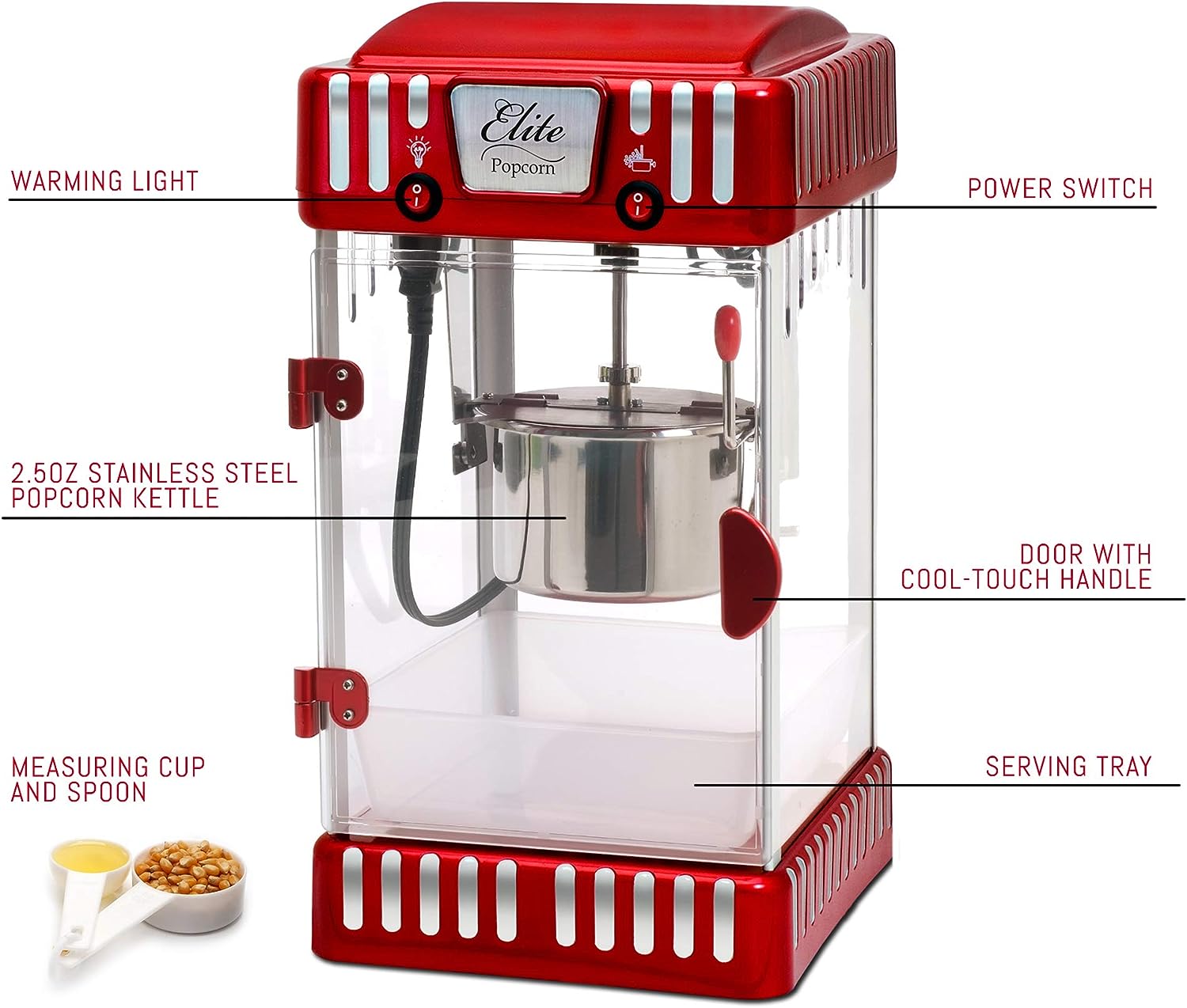 Elite Gourmet EPM-250 Maxi-Matic 2.5 Ounce Classic Carnival, Tabletop Kettle Popcorn Popper Machine, Red