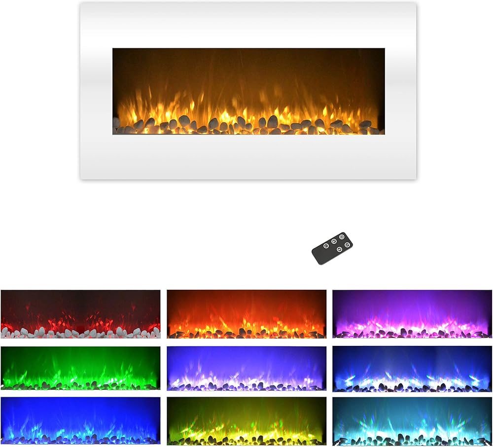 36” Electric Fireplace- Front Vent, Wall Mount 3 Color LED Flame, 10 Fuel Bed Colors & 3 Media-Touch Screen & Remote Control by Lavish Home (White)