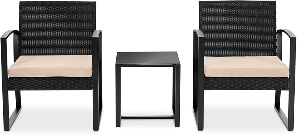 SereneLife Patio Outdoor Furniture, 3 Pcs. Per Set-Includes 2 Single Chairs with Soft Cushion and 1 Glass-top Coffee Table, Black Weather-Resistant Resin Wicker Rattan, Brown