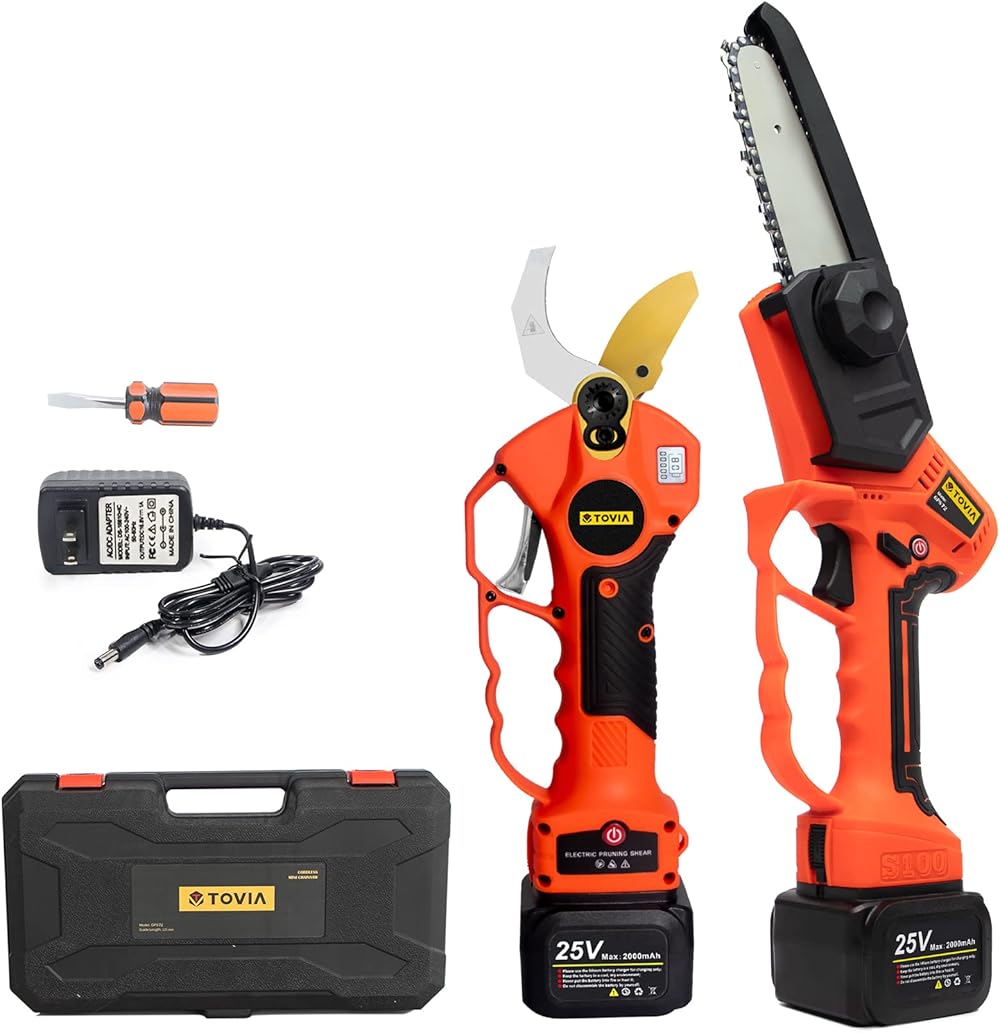 T TOVIA Cordless Electric Pruner Kit, 1.6 Inch Pruning Shears and 5 Inch Handheld Electric Chain Saw with 2 Pack 25V Lithium Batteries, SK5 Blades for Wood Cutting, Farming, Gardening, Tree Branch Tri