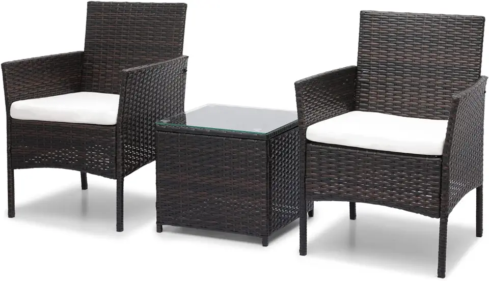 MoNiBloom 3 Pieces Patio Furniture Set, Outdoor Conversation PE Rattan Furniture Front Porch Set with Washable Cushion and Tempered Glass Tabletop for Garden Poolside Balcony, Capacity 250 lbs, Brown