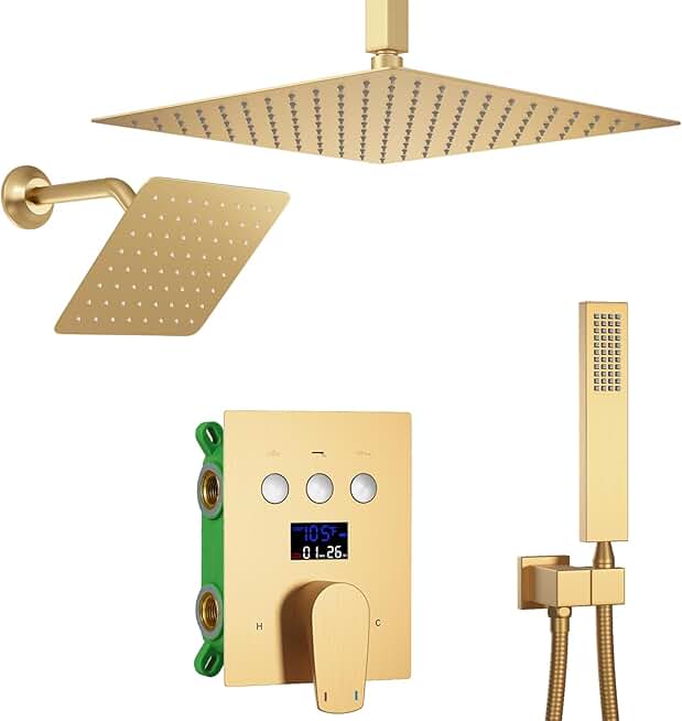 Brushed Gold Shower Faucet System with 12inch & 8inch Rainfall Shower Head Luxury Temperature Digital Display Shower Faucet Set Shower Fixtures Combo Set, Can Use at The Same Time