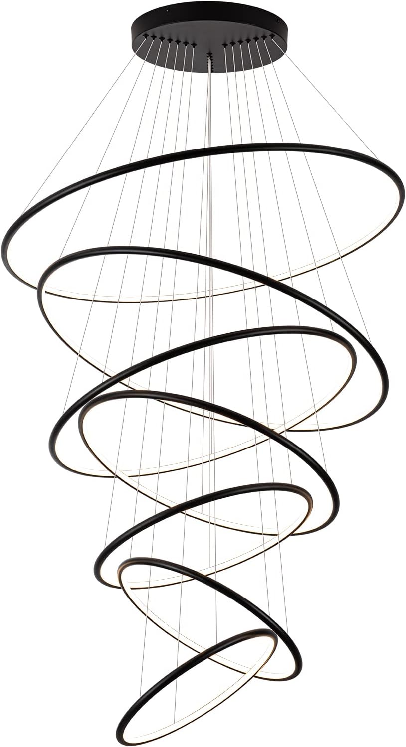 Room Decor Modern Led Chandelier Lighting 7 Rings Black Chandelier Contemporary Ceiling Pendant Light Fixture for Staircase Foyer High Ceiling Living Room, 3000K Warm White