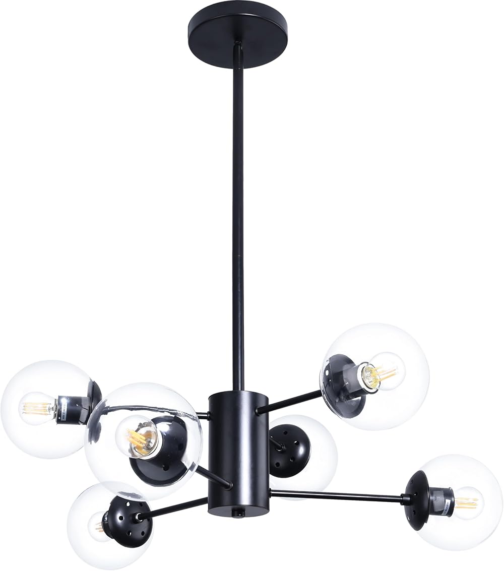 6-Light Globe Sputnik Chandelier Modern Black Sputnik Chandelier Mid Century Pendant Light Matte Black Finished with Clear Globe Glass Lampshade Sputnik Chandeliers for Dining Room Kitchen