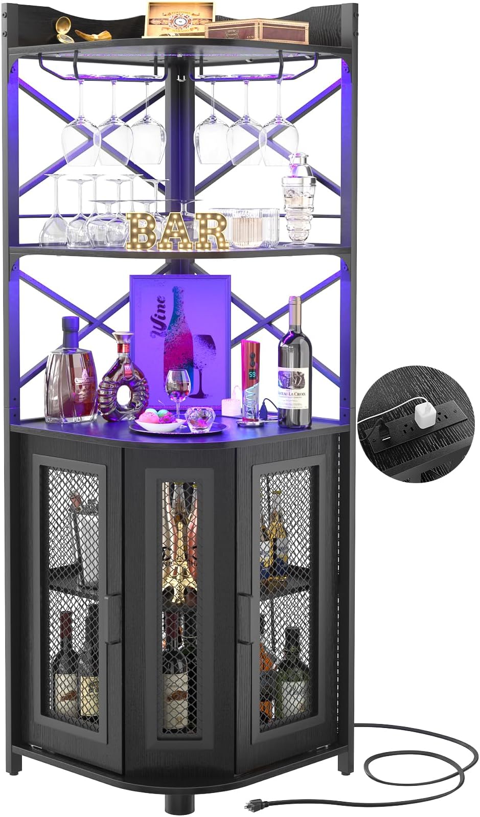 Aheaplus Corner Bar Cabinet with Power Outlet, Industrial Wine Cabinet with LED Strip and Glass Holder, 5-Tiers Liquor Cabinet Bar Unit for Home, Corner Display Cabinet for Small Space, Black