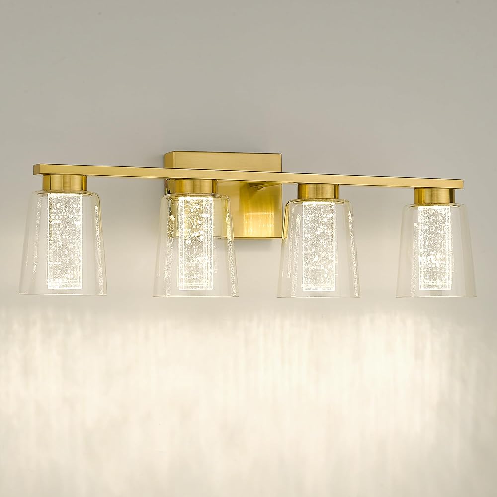 kudos Brushed Gold Vanity Light, 4-Light Bathroom Light Fixtures, Modern LED Bathroom Vanity Lights with Crystal Bubble and Clear Glass, 3000K/4000K/5000K Adjustable, KDVL03-GD-4
