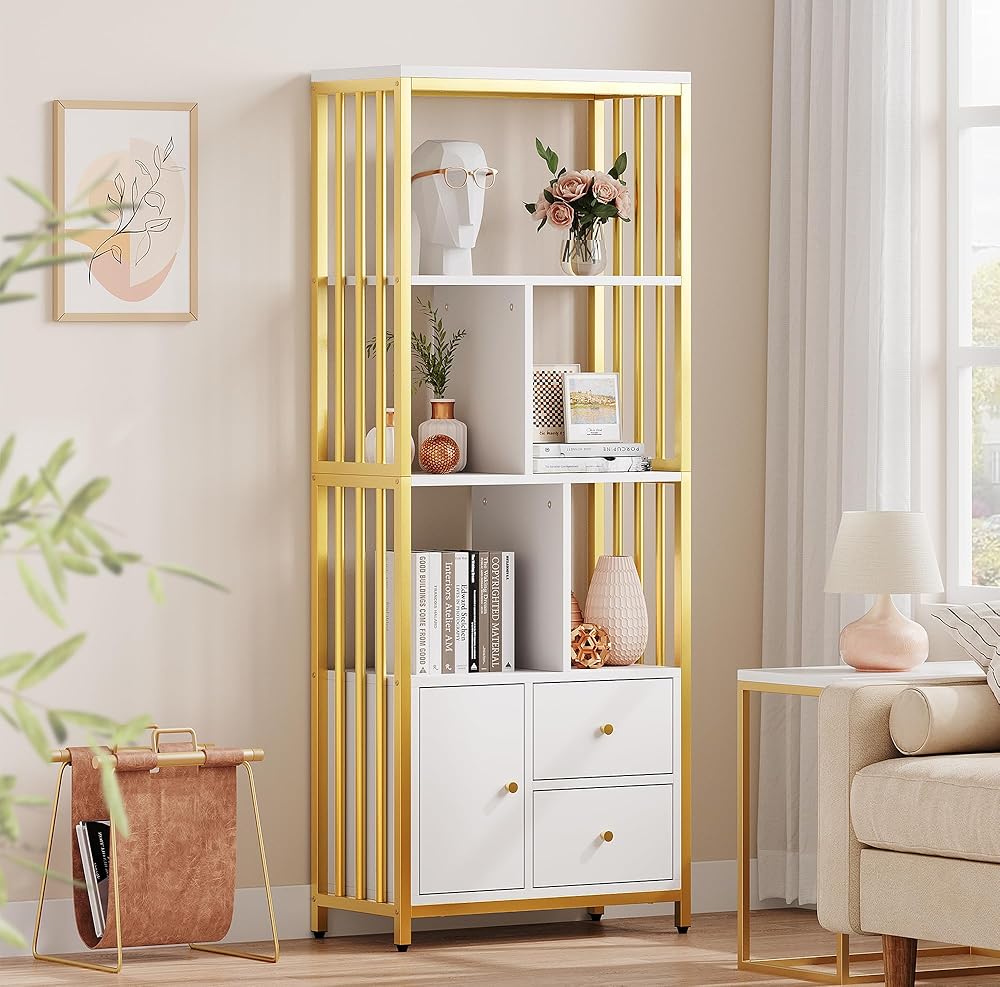 IDEALHOUSE Bookshelf with Drawers Modern Bookcase Storage Rack Shelf Tall Standing Bookshelves Metal Frame Large Gold Display Racks Book Shelf for Bedroom, Living Room, Home Office