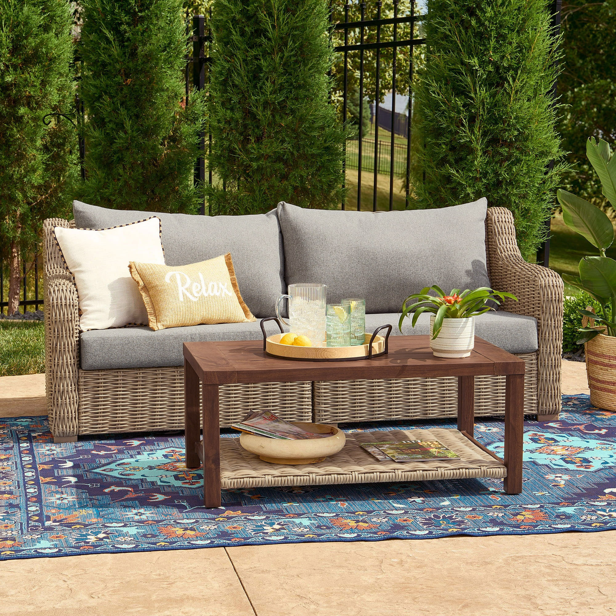Better Homes & Gardens Bellamy 2 Piece Outdoor Sofa Gray Cushions & Coffee Table Set with Patio Cover