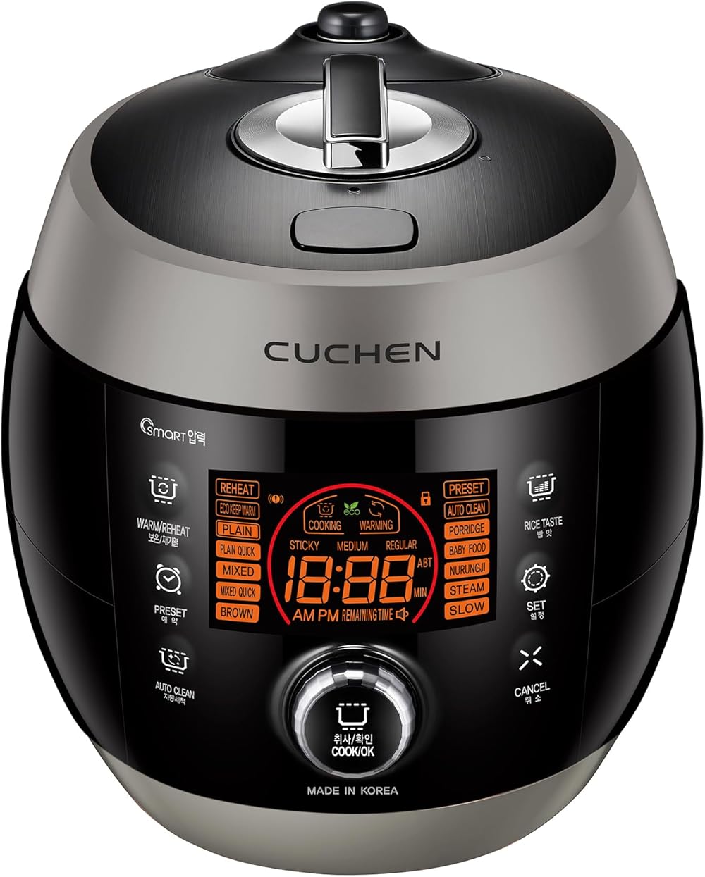 [CUCHEN] CJS-FD0604RVUS | Heating Pressure Rice Cooker 6 Cup (Uncooked) | Smart Jog Dial | Auto Steam Clean | Voice Guide | Made in Korea | Black/Dark Silver