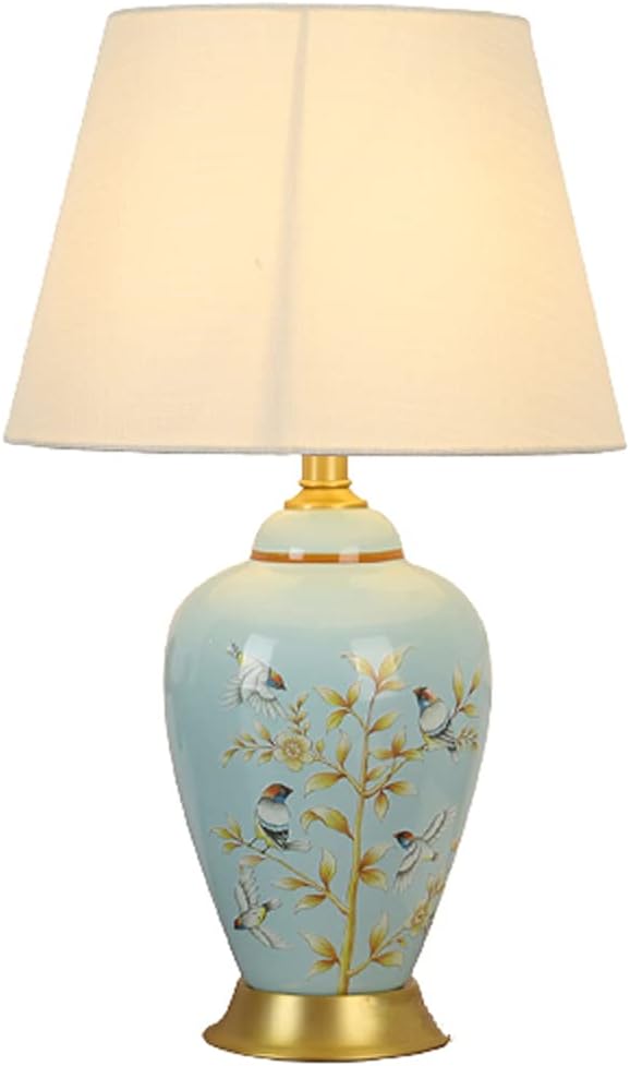 Bedroom Bedside Lamp with Hand Painting of Flowers and Birds Modern Simple Table Lamp Barrel Shape Lampshade Ceramic Table Lamp American Colored Drawing Vase Desk Lamp