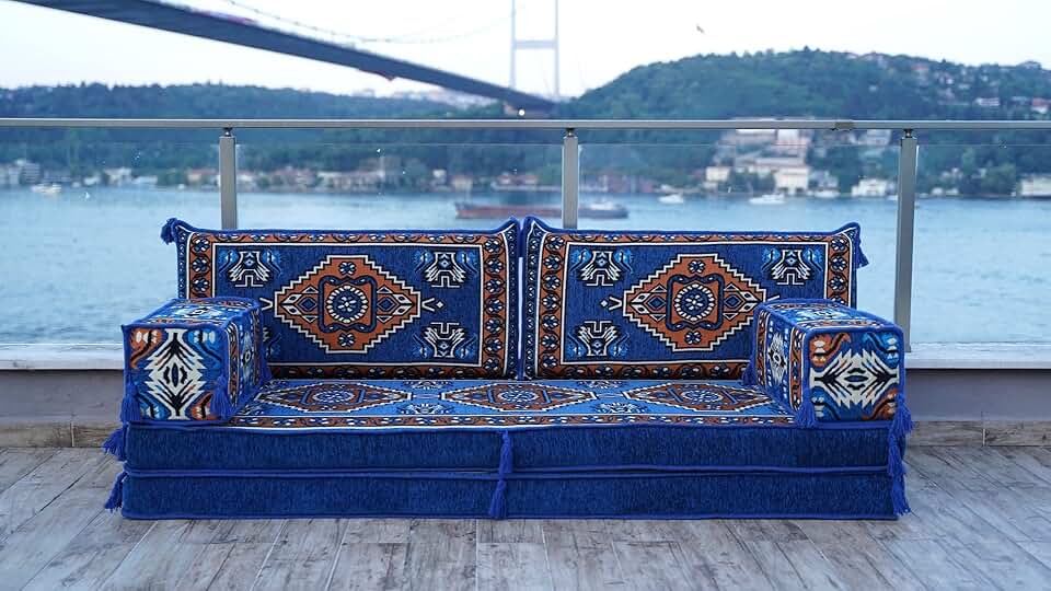 Blue Indoor Floor Pillows, Moroccan Living Room Couches, Arabic Floor Couch, Turkish Floor Cushion, Ethnic Sofa, Arabic Sofa Seating Set (8'' Thickness Sofa)