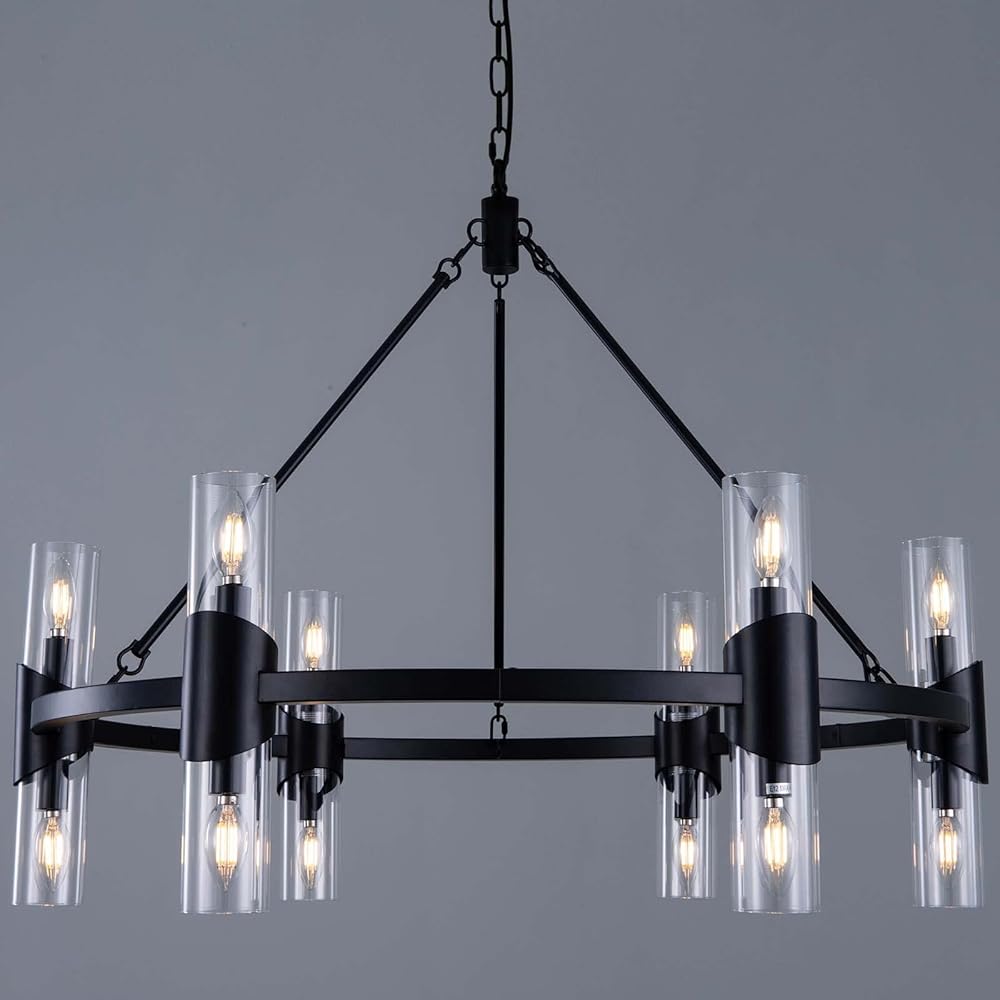 Wellmet Black Farmhouse Chandelier 38 inch, 12 Lights Modern Wagon Wheel Chandeliers for Dining Room Entryway, Round Industrial Rustic Ceiling Hanging Light with Clear Glass