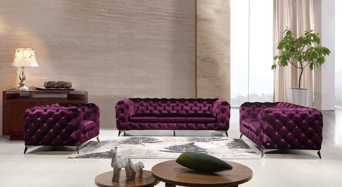 Modern Purple Velour Fabric Living Room Sofa Set 2 Pcs Traditional J&M Glitz