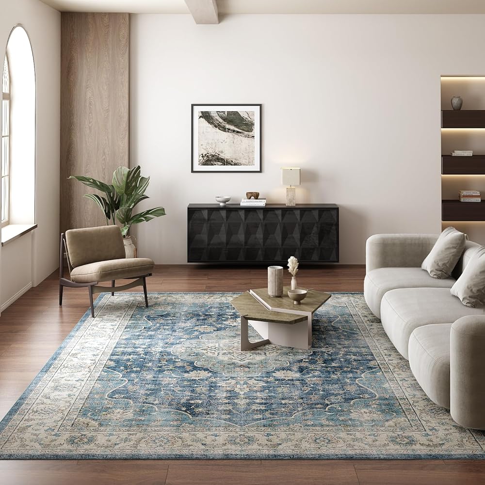 Machine Washable Area Rug 9'x12', Vintage Design Area Rugs, Low-Pile Non Slip Rug, Indoor Foldable Large Carpet Rugs for Living Room, Bedroom, Dining Room, Office, Dark Blue